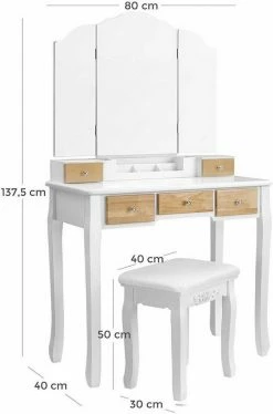 VASAGLE Schminktisch »RDT28K RDT28WT«, Frisiertisch, Kosmetiktisch mit Klappspiegel und 5 Schubladen, mit Hocker Natur, Weiß -Vasagleaus Geschaft d3f2a3b5 bb02 4690 925e 03f74d472a50