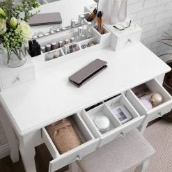 VASAGLE Schminktisch »RDT25WT/BK/K«, Frisiertisch, Kosmetiktisch, mit Spiegel ohne Rahmen, Polsterhocker, Massivholzbeinen Schwarz, Weiß-Natur, Weiß 38 VASAGLE Schminktisch »RDT25WT/BK/K«, Frisiertisch, Kosmetiktisch, mit Spiegel ohne Rahmen, Polsterhocker, Massivholzbeinen Schwarz, Weiß-Natur, Weiß -Vasagleaus Geschaft d7003e40 1b15 456b b4de 92c0e5a90df8