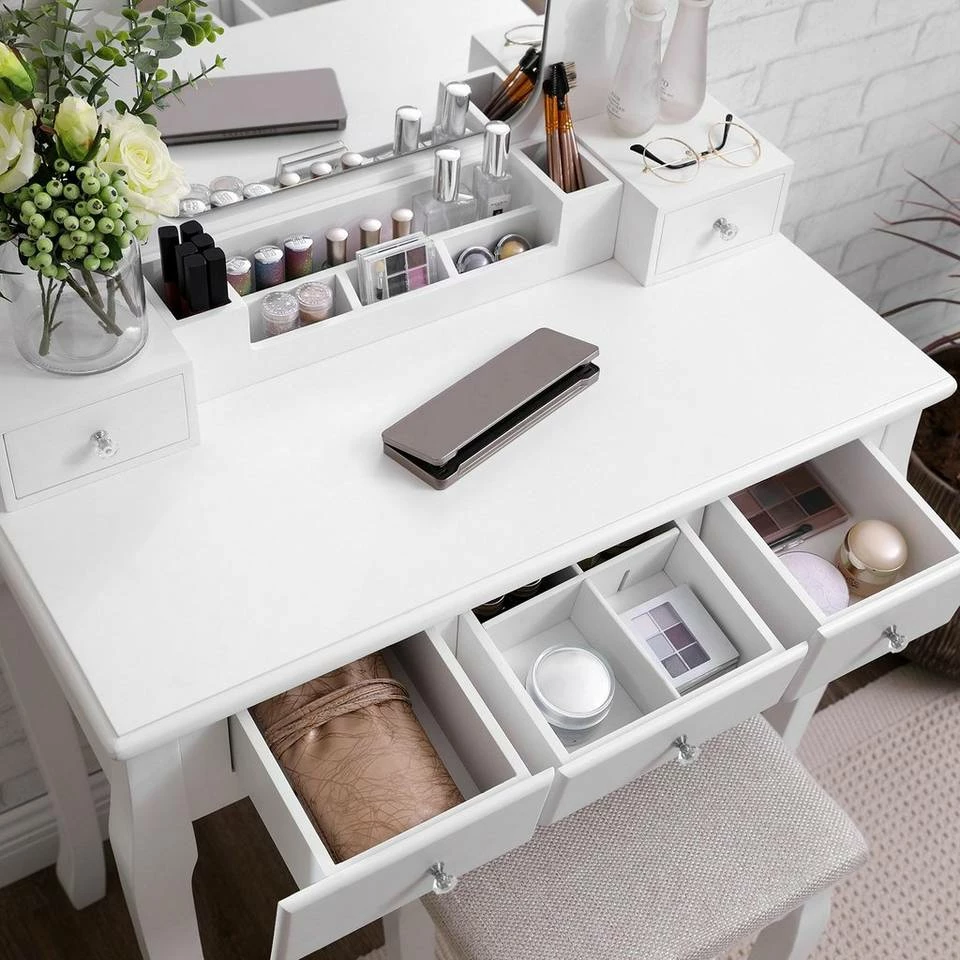 VASAGLE Schminktisch »RDT25WT/BK/K«, Frisiertisch, Kosmetiktisch, mit Spiegel ohne Rahmen, Polsterhocker, Massivholzbeinen Schwarz, Weiß-Natur, Weiß 14 VASAGLE Schminktisch »RDT25WT/BK/K«, Frisiertisch, Kosmetiktisch, mit Spiegel ohne Rahmen, Polsterhocker, Massivholzbeinen Schwarz, Weiß-Natur, Weiß – Bild 12