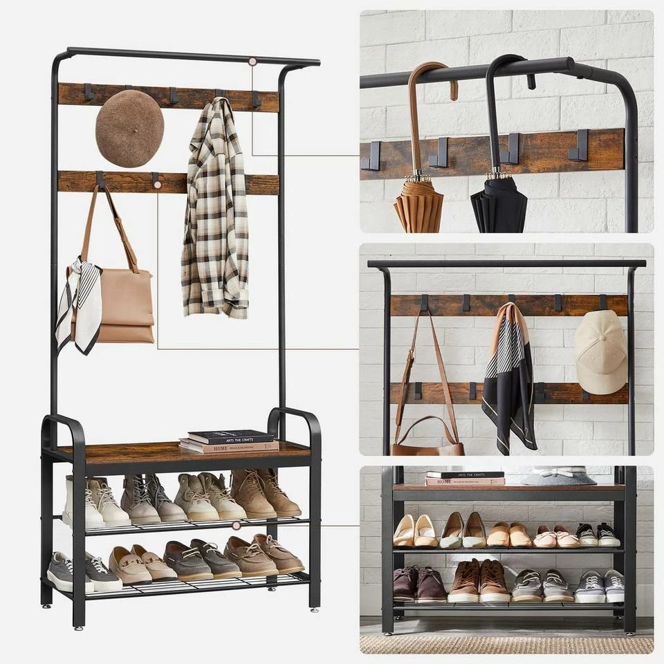 VASAGLE Garderobenständer »HSR400B01«, Garderobe, Schuhregal, mit Sitzfläche und 9 abnehmbaren Haken, 2 Gitterablagen 5 VASAGLE Garderobenständer »HSR400B01«, Garderobe, Schuhregal, mit Sitzfläche und 9 abnehmbaren Haken, 2 Gitterablagen – Bild 4