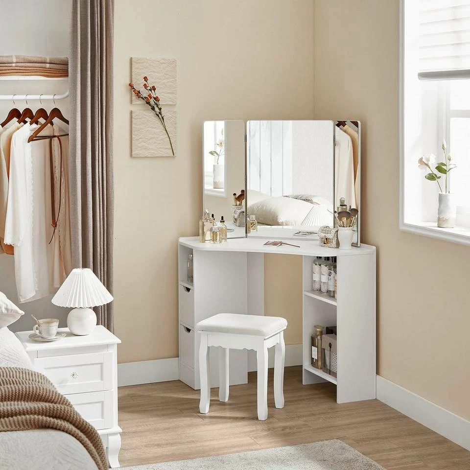 VASAGLE Schminktisch »RDT121T10«, Eckschminktisch, Frisiertisch,3-teiliger Klap pspiegel, 2 Schubladen, 3 offene Fächer 4 VASAGLE Schminktisch »RDT121T10«, Eckschminktisch, Frisiertisch,3-teiliger Klap pspiegel, 2 Schubladen, 3 offene Fächer – Bild 2