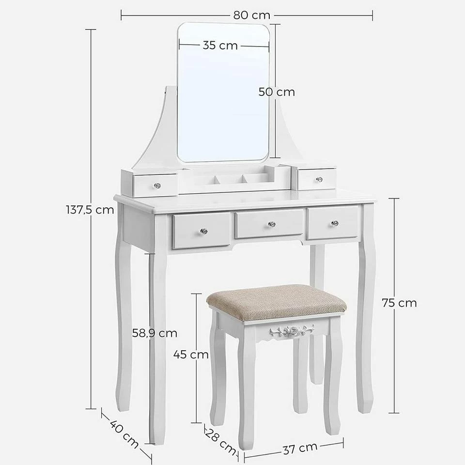 VASAGLE Schminktisch »RDT25WT/BK/K«, Frisiertisch, Kosmetiktisch, mit Spiegel ohne Rahmen, Polsterhocker, Massivholzbeinen Schwarz, Weiß-Natur, Weiß 19 VASAGLE Schminktisch »RDT25WT/BK/K«, Frisiertisch, Kosmetiktisch, mit Spiegel ohne Rahmen, Polsterhocker, Massivholzbeinen Schwarz, Weiß-Natur, Weiß – Bild 17
