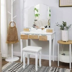 VASAGLE Schminktisch »RDT28K RDT28WT«, Frisiertisch, Kosmetiktisch mit Klappspiegel und 5 Schubladen, mit Hocker Natur, Weiß -Vasagleaus Geschaft e8ec16ef 5a7f 4b8c bd81 4f745c85b103