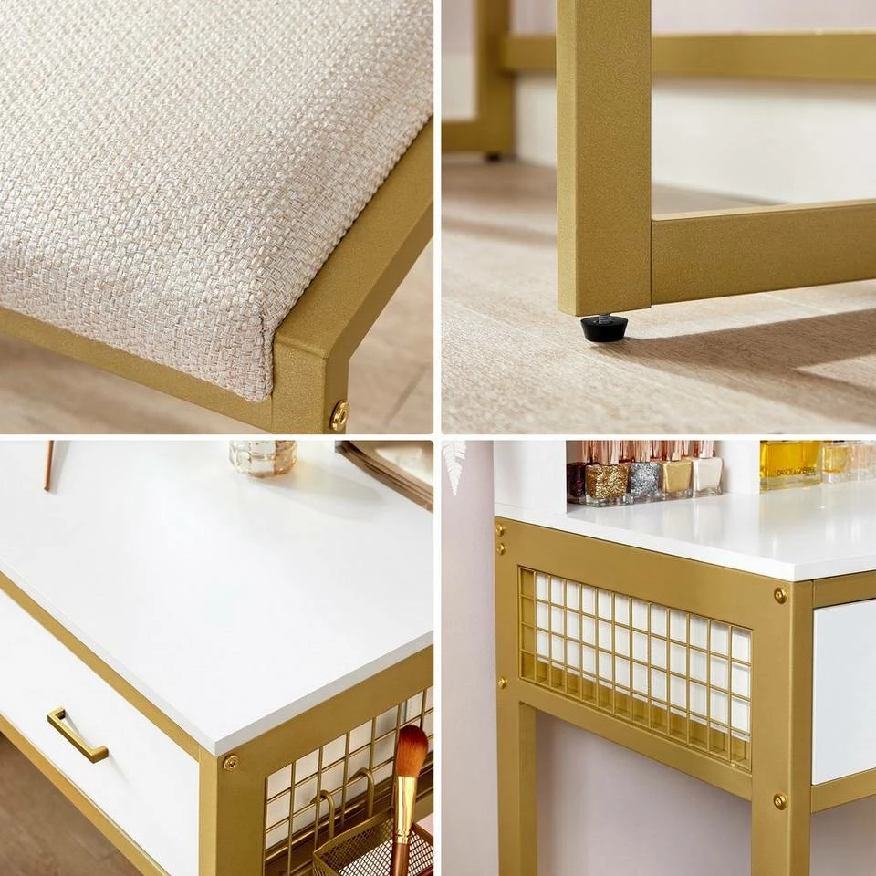 VASAGLE Schminktisch »RVT014A10 RVT014B01«, Frisiertisch, Kosmetiktisch mit Hocker, 10 LED-Glühbirnen, einstellbare Helligkeit Vintagebraun-Schwarz, Weiß-gold 15 VASAGLE Schminktisch »RVT014A10 RVT014B01«, Frisiertisch, Kosmetiktisch mit Hocker, 10 LED-Glühbirnen, einstellbare Helligkeit Vintagebraun-Schwarz, Weiß-gold – Bild 13