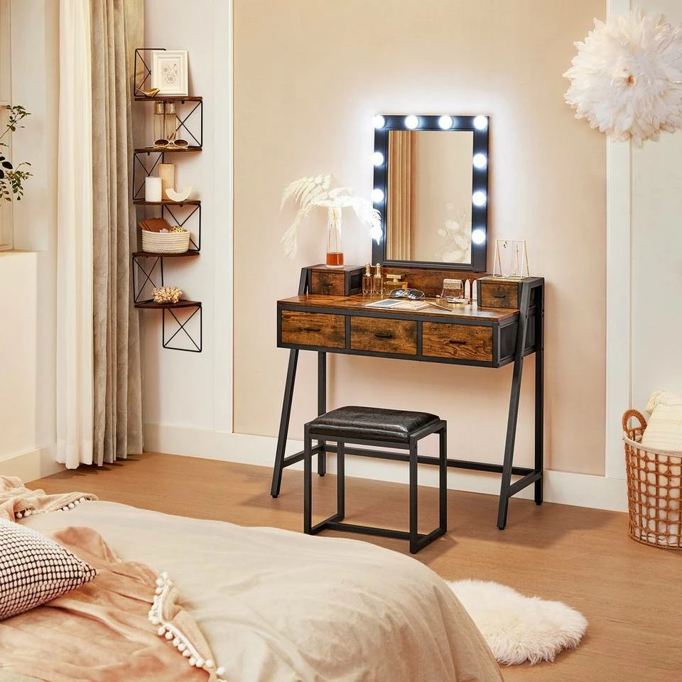 VASAGLE Schminktisch »RVT015B01«, Frisiertisch, Kosmetiktisch, mit Hocker und Spiegel, 10 LED-Glühbirnen, vintage 4 VASAGLE Schminktisch »RVT015B01«, Frisiertisch, Kosmetiktisch, mit Hocker und Spiegel, 10 LED-Glühbirnen, vintage – Bild 2