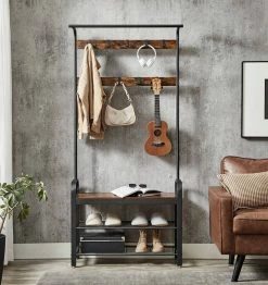 VASAGLE Garderobenständer »HSR400B01«, Garderobe, Schuhregal, mit Sitzfläche und 9 abnehmbaren Haken, 2 Gitterablagen