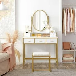 VASAGLE Schminktisch »RVT006A10/B01«, Frisiertisch, Kosmetiktisch, mit Hocker, mit ovalem Spiegel und 5 Schubladen Vintagebraun-Schwarz, Weiß-goldfarben 29 VASAGLE Schminktisch »RVT006A10/B01«, Frisiertisch, Kosmetiktisch, mit Hocker, mit ovalem Spiegel und 5 Schubladen Vintagebraun-Schwarz, Weiß-goldfarben -Vasagleaus Geschaft ed94ce2a add5 4f38 9b35 6deb2a3661fa