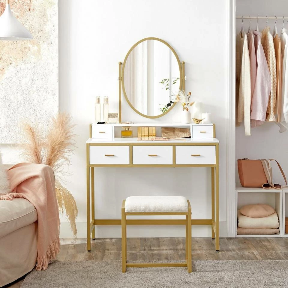 VASAGLE Schminktisch »RVT006A10/B01«, Frisiertisch, Kosmetiktisch, mit Hocker, mit ovalem Spiegel und 5 Schubladen Vintagebraun-Schwarz, Weiß-goldfarben 12 VASAGLE Schminktisch »RVT006A10/B01«, Frisiertisch, Kosmetiktisch, mit Hocker, mit ovalem Spiegel und 5 Schubladen Vintagebraun-Schwarz, Weiß-goldfarben – Bild 10