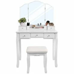 VASAGLE Schminktisch »RDT28K RDT28WT«, Frisiertisch, Kosmetiktisch mit Klappspiegel und 5 Schubladen, mit Hocker Natur, Weiß -Vasagleaus Geschaft ee01691e 32e1 45fc 8574 a41fafdcfd6d